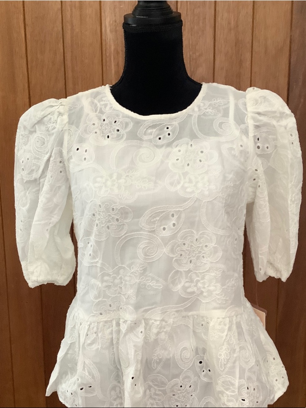 Nanette Lepore White Eyelet Peplum Puff-Sleeve Blouse